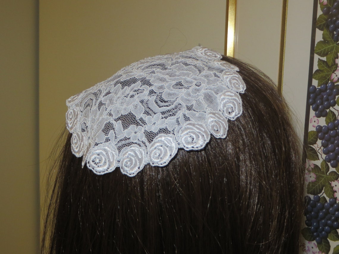 Handmade white lace doily head cover with flower trim with Etsy