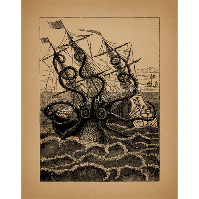 Antique Art Giant Octopus Attacking Ship Artwork Wall Art Etsy