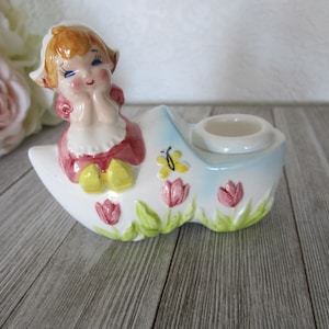 Vintage Ceramic Dutch Shoe with Little Dutch Girl Candle Holder // Holds Taper Candle Stick