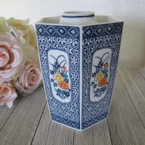 Vintage Asian Porcelain Vase // White with Blue Abstract Print & Floral Patterns // six sided