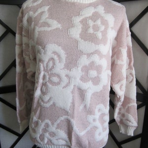 BEAUCOUP - Made in the USA - Vintage jaren 1980 Pullover Dames Trui - Roze/Witte Groovy Bloemen - SzL