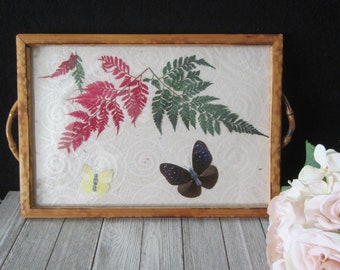 Vintage Bamboo and Wooden Tray with Two Butterflies and Ferns