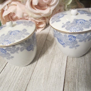Vintage Pair of Covered Porcelain Tea Cups // Saki Cups // White with Blue & Grey Floral Design  // K C Marking on Bottoms