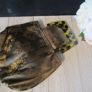 Vintage Asian Style Olive Green/Gold Brocade Floral Print Fabric  - Two Plastic Handle Handbag