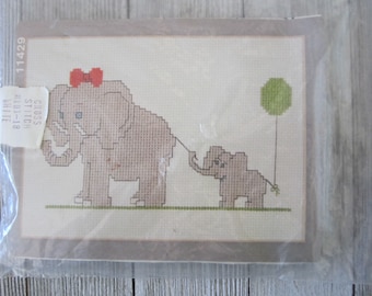 Cross Stitch Kit // Mom and Baby Elephant with Balloon // Full Kit