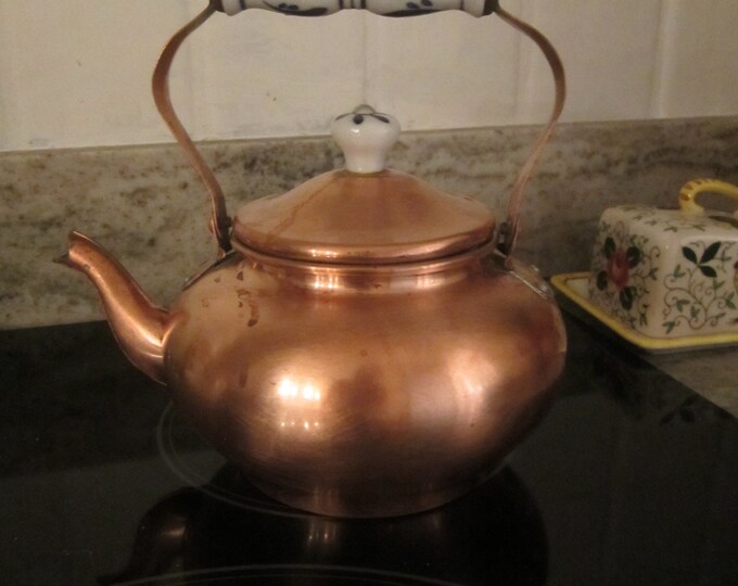 Vintage Copper Tea Kettle With Delft Ceramic Handle Etsy