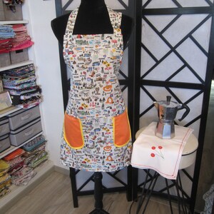 Vintage inspired unisex 100% Cotton full &quot;Baker&#39;s Style&quot; apron // Places in the USA // Orange Pockets with Yellow Bias Tape