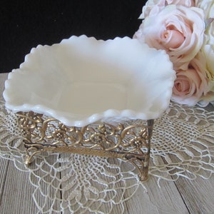 Vintage White Indiana Milk Glass Bowl with Gold Filigree Stand