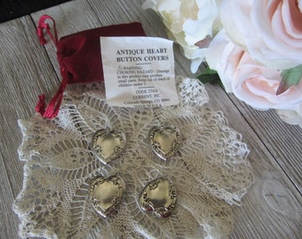 Vintage Silver tone Heart Shaped Button Covers - 4 in Set
