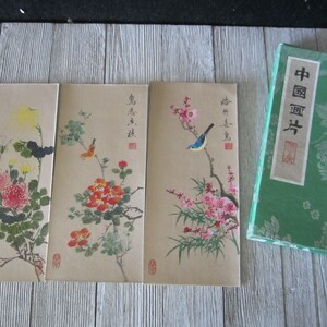 Vintage Rare Three Japanese Silk Painted Prints in Green Silk Fabric Case