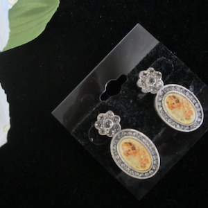 Pewter Oval Shaped Earrings with Rhinestones and Old Fashioned Girl Portraits - Pierced