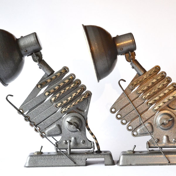 Two Old Scissor Lamps made for Military Vehicle in 1970s Wall Mount Accordion Lamps, Industrial Military Surplus Lamp with Adjustable Arm