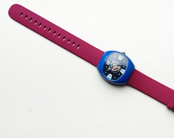 Orologio vintage Paul Frank Julius the Monkey: cassa blu, cinturino in silicone rosa