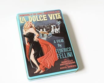 Federico Fellini’s &quot;La Dolce Vita&quot; Movie Tin Box, Movie Poster Memorabilia, Anita Ekberg and Marcello Mastroianni, Vintage Movie Decor