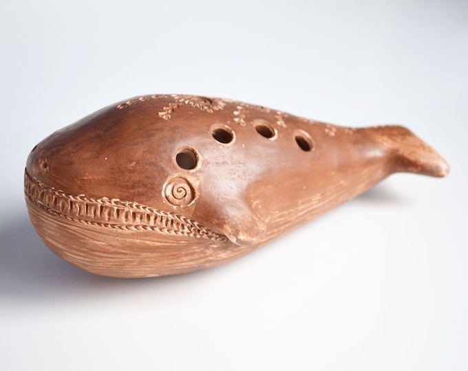 Clay Ocarina Whale Big Unique Ceramic Ocarina, Handmade Pottery Whistle