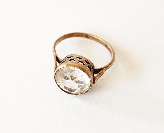 Vintage Ring with Rhinestone, Stamp Soviet Silver… - image 1