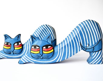 Blue Cat Figurines - Set of 2, Wooden Cats, Gift for Cat Lover, Decor with Cats, Primitivism, Cute Figurines for Couple, Cat Decor