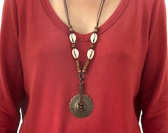 Boho Concho Style Pendant Necklace, Cowrie Shell Adjustable Long Necklace