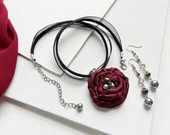 Fabric Rose Necklace Earring Set - Color: Red, Silver