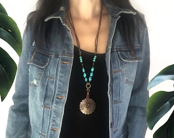 Boho - Concho Style Pendant Necklace - Pendant and dyed natural stone nuggets (turquoise color) with brown faux cord (length adjustable)