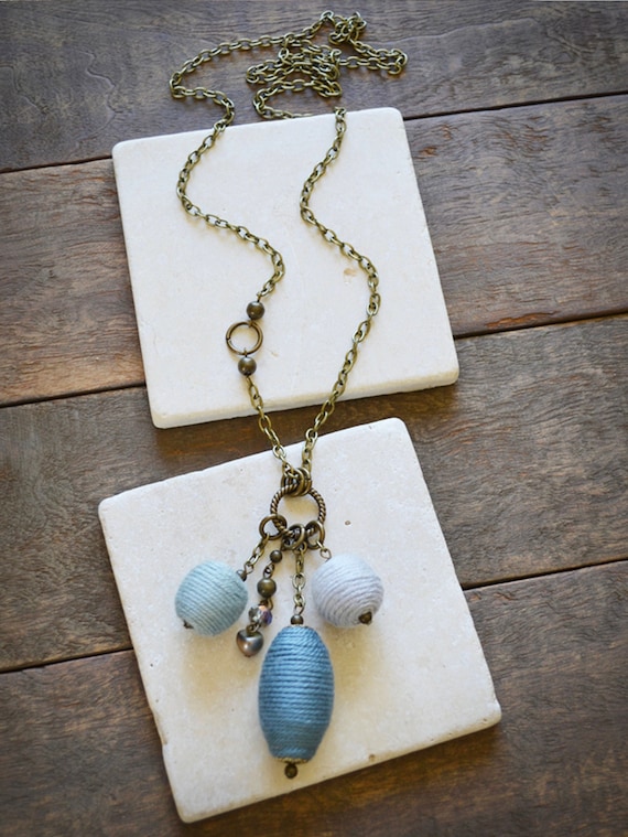 Cotton Thread Wrapped Bead Dangle Pendant Long Necklace Blue No Clasp Etsy