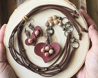 Boho Love: Heart Shaped Coconut Shell Pendant Long Necklace Earring Set - Adjustable Cord Necklace