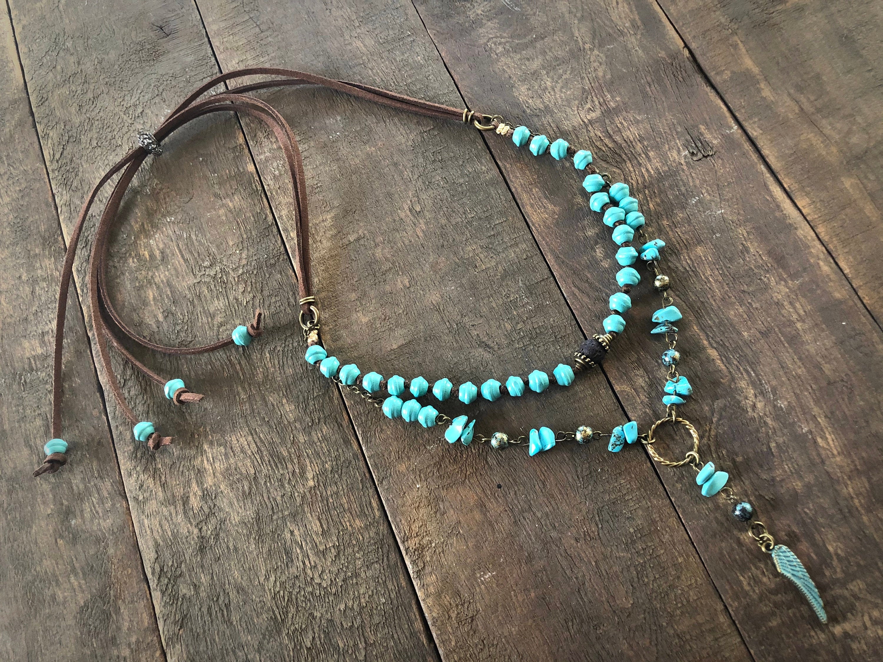 Boho style layered necklace - Turquoise color wood beads, dyed wagner…