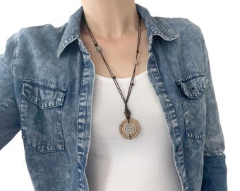 Jute Ring OM Pendant Necklace, Ceramic Aqua-Gray Bead, Boho Waxed Cord