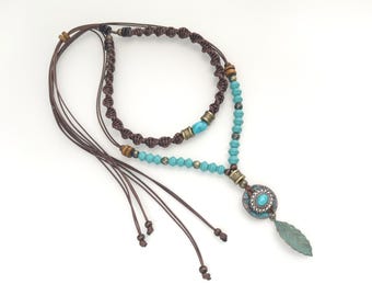 Boho Turquoise-tone Leaf Charm Pendant Necklace, Macrame Choker Set, Layered Brown Cord Jewelry