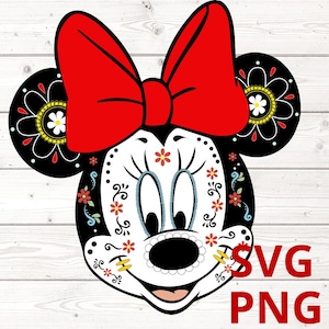 Könnte beinhalten: Eine Schwarzweißillustration einer Comicmaus mit einer roten Schleife, verziert mit floralen Mustern im Stil eines Totenkopf-Zuckerkraniums.