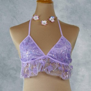 Lavender Daisy Luxe Rave TOP Triangle Top with Ruffle Lined with Velvet Glow Sequin
