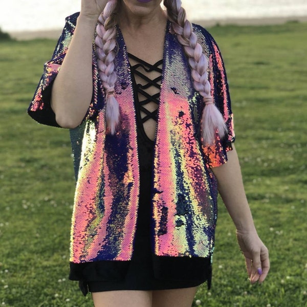 Veste kimono à sequins rabattables en 4 couleurs disponibles