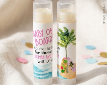 Girl Beach Baby Shower Favors, Pink Baby on Board, Personalized Lip Balm