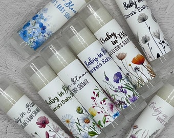 Baby in Bloom Baby Shower Favors: Personalized Handmade Lip Balm for Floral, Garden-Themed Celebrations in Boy, Girl, or Neutral Styles.