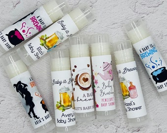 Baby is Brewing Baby Shower Favors: Personalized Handmade Lip Balm - Tea, Coffee, Beer, & Halloween Cauldron Themed Chapsticks