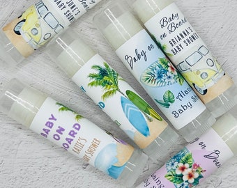 Baby on Board Baby Shower Favors: Personalized Surfboard Lip Balm - Ocean & Beach Baby Shower Theme - Thank You Chapstick for Guests.