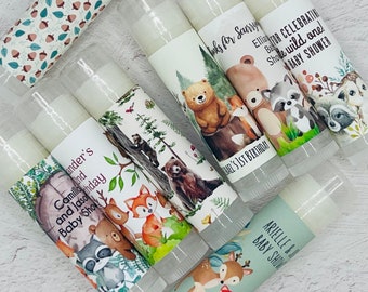 Woodland Party Favor Lip Balm: Personalized Chapstick with Forest Animals - Deer, Fox, Bear, Bunny, Raccoon - Baby Shower & Birthday Favors