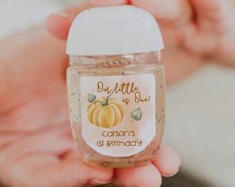 Our Little Pumpkin is One: Personalized 1st Birthday Hand Sanitizer Labels - Fall/Autumn Theme. 30 Printed Labels [1388]