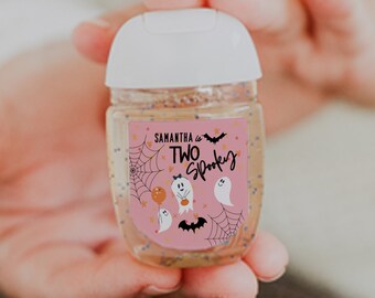 Two Spooky Birthday Personalized Hand Sanitizer Labels for Girl Second Halloween or Fall Birthday Party. 30 Printed Labels [1393]