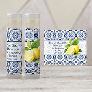 Mediterranean Tile Lemon Lip Balm Favor TEMPLATE | Amalfi Coast Wedding or Bridal Shower | Editable Blue Yellow Citrus Party Label 4302