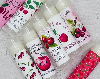 Cherry Party Favors: Personalized Handmade Lip Balm for Baby Showers, Birthdays, & Summer Celebrations. Cherry On Top of Your Sweet Party!