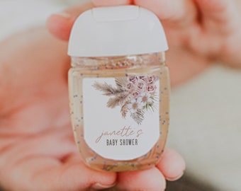 Boho Floral Favors: Personalized Hand Sanitizer Labels - Pink Boho Floral & Pampas Grass Theme, Fall and Rustic. 30 Printed Labels [1330]