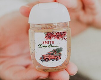 Christmas Truck Baby Shower Personalized Hand Sanitizer Labels - Perfect for December, & Holiday Baby Showers. 30 Printed Labels [1436]