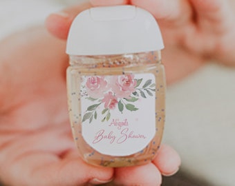 Pink Floral Baby Shower Favors: Personalized Printed Hand Sanitizer Labels | Flower Theme Girl Baby Shower Party. 30 Printed Labels [1237]