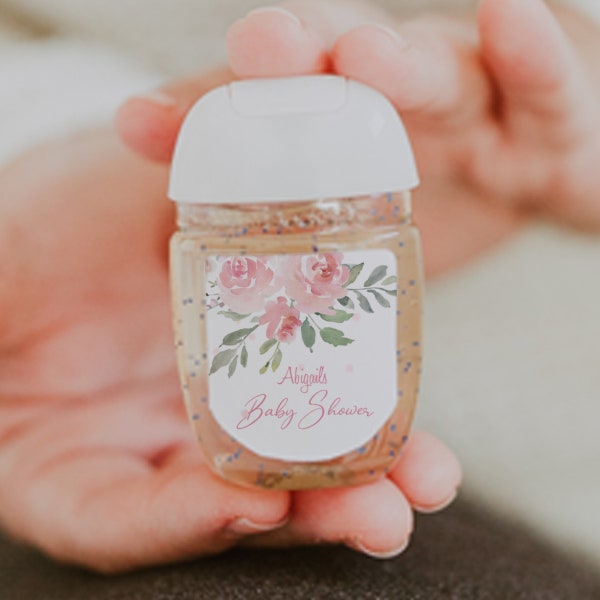 Pink Floral Baby Shower Favors: Personalized Printed Hand Sanitizer Labels | Flower Theme Girl Baby Shower Party. 30 Printed Labels [1237]