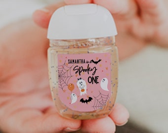 Spooky One Birthday Girl - Personalized Hand Sanitizer Labels for Halloween 1st Party & Ghost Theme Celebrations! 30 Printed Labels[1312]