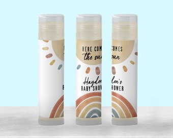 Here Comes the Sun Baby Shower Favors Lip Balm | Personalized Rainbow & Sunshine Themed Chapstick | Gender Neutral Party Favors [4020LB]