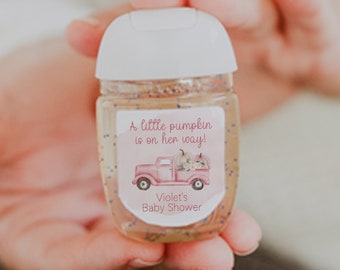 A Little Pumpkin is on the Way Baby Shower: Personalized Pink Pumpkin Truck Hand Sanitizer Labels, Girl. 30 Printed Labels [1386]