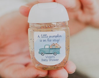 A Little Pumpkin is on the Way Baby Shower: Personalized Blue Pumpkin Truck Hand Sanitizer Labels, Boy. 30 Printed Labels [1386]