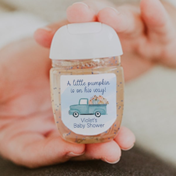 A Little Pumpkin is on the Way Baby Shower: Personalized Blue Pumpkin Truck Hand Sanitizer Labels, Boy. 30 Printed Labels [1386]